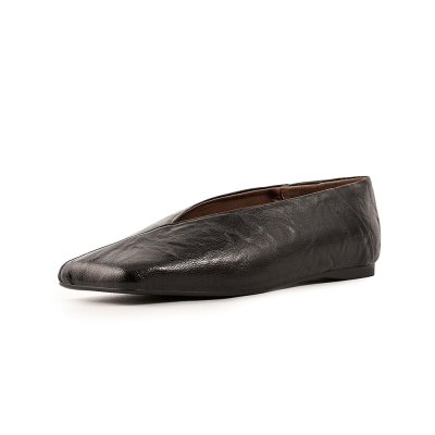 Zapatos cómodos planos anchos con punta cuadrada de cuero con corte en V negro para mujer