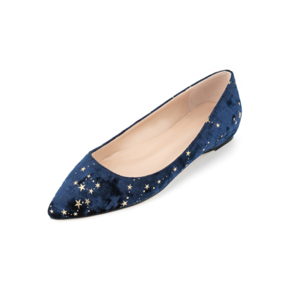 Zapatos planos de mujer cómodos planos con estrella de terciopelo azul marino con punta en punta