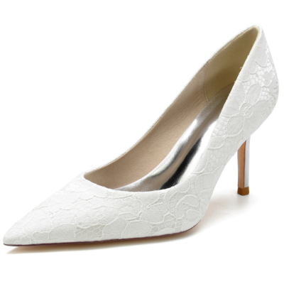 Zapatos de tacón de encaje de boda blancos Zapatos de tacón de aguja con punta en punta de satén