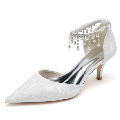 Bombas de encaje de boda blanco Tacones de gatito Perla Correa de tobillo Zapatos D'orsay