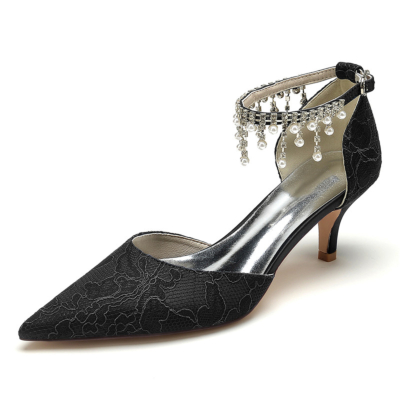 Bombas de encaje de boda negro Tacones de gatito Perla Correa de tobillo Zapatos D'orsay