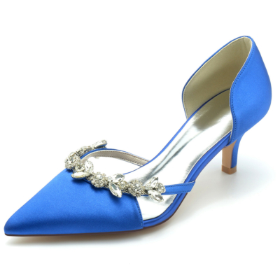 Bombas de diamantes de imitación de satén de boda azul real Zapatos D'orsay Tacones de gatito