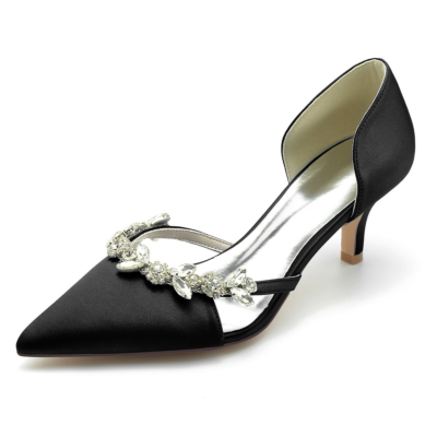 Bombas de diamantes de imitación de satén de boda negro Zapatos D'orsay Tacones de gatito