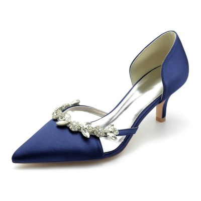 Bombas de diamantes de imitación de satén de boda azul marino Zapatos D'orsay Tacones de gatito
