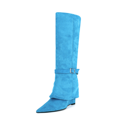 Botas plegables con cuñas azules Botas clásicas hasta la rodilla con punta estrecha para mujer
