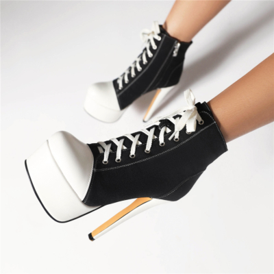 Zapatos de lona con plataforma blanca y negra, zapatos con cremallera y cordones, tacones altos de aguja