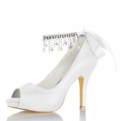 Zapatos de boda de punta abierta de satén blanco Bombas de plataforma de tacón de aguja con correa de tobillo