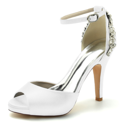 Zapatos de boda de punta abierta de satén blanco Sandalias de plataforma de tacón de aguja con correa de tobillo