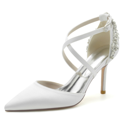 Zapatos de boda de tacón de aguja con correa cruzada y punta estrecha de satén blanco