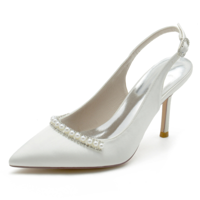Zapatos de boda de tacón de aguja con punta en punta de satén blanco