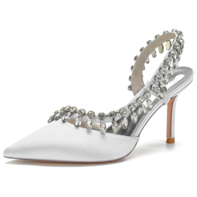 Zapatos de novia de tacón de aguja con punta en punta de diamantes de imitación de satén blanco