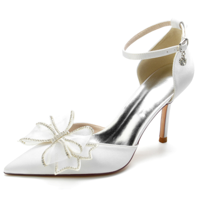 Zapatos de boda de satén blanco, zapatos de tacón de aguja con punta estrecha y correa en el tobillo con lazo