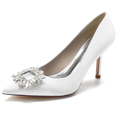 Zapatos de boda de satén blanco Bombas de tacón de aguja con punta estrecha