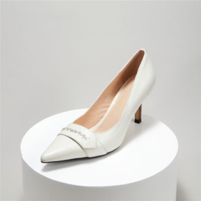 Zapatos de tacón de aguja de madera con punta puntiaguda de cuero vintage beige 2022 Zapatos