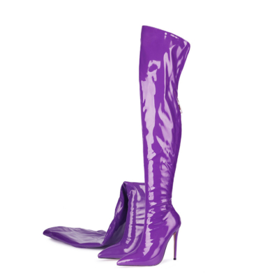 Botas de tacón alto de color púrpura neón Botas altas hasta el muslo con cremallera trasera