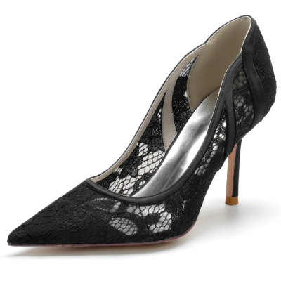 Zapatos de boda de encaje negro para mujer Zapatos de tacón de aguja con punta en punta