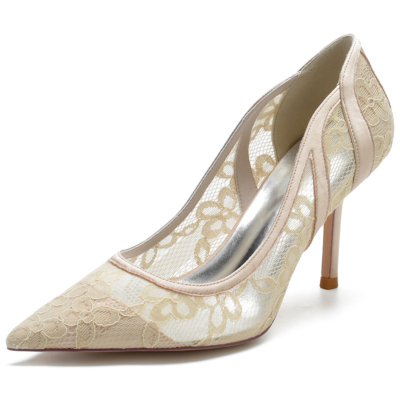 Zapatos de boda de encaje champán para mujer Zapatos de tacón de aguja con punta en punta