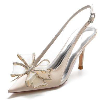 Zapatos de boda de satén color champán para mujer, zapatos de tacón de aguja con tira trasera en punta y lazo