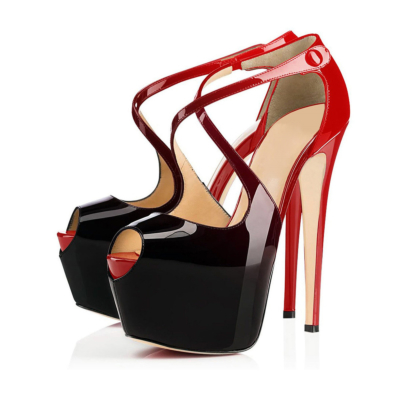 Zapatos de tacón alto con plataforma cruzada en degradado rojo y negro Sandalias con punta abierta