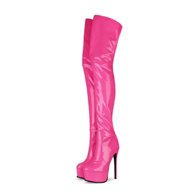 Botas altas hasta el muslo elásticas con tacón de aguja y plataforma con cremallera en rosa neón