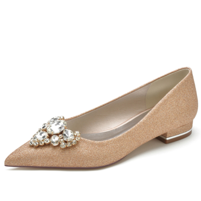 Zapatos de boda planos con diamantes de imitación y punta en punta con purpurina dorada para mujer
