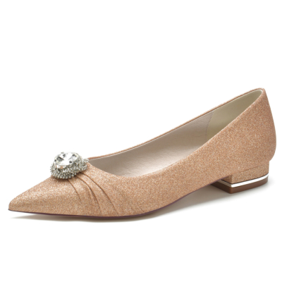 Zapatos planos de boda con diamantes de imitación y punta en punta con purpurina dorada para mujer