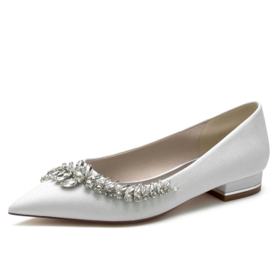 Zapatos de boda planos con punta en pico y hoja de diamantes de imitación con purpurina blanca para mujer