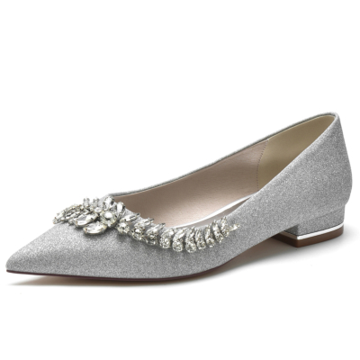 Zapatos de boda planos con punta en pico y hoja de diamantes de imitación con purpurina plateada para mujer