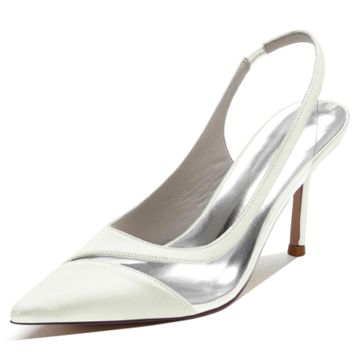 Zapatos de tacón alto de aguja con punta en pico de satén marfil para mujer, zapatos de salón para boda