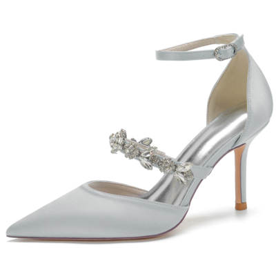 Zapatos de boda de tacón con correa en el tobillo y joyas de plata para mujer