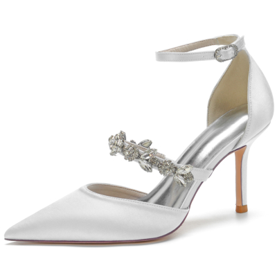 Zapatos de boda de tacón con correa en el tobillo de joyería blanca para mujer