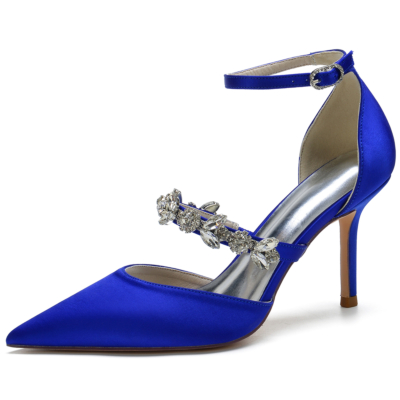 Zapatos de tacón de mujer con correa en el tobillo y joyería azul real para boda