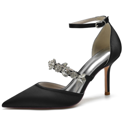 Zapatos de boda de tacón con correa en el tobillo de joyería negra para mujer