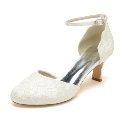 Zapatos de tacón de carrete con punta de almendra de encaje blanco marfil para mujer, zapatos de boda, zapatos de tacón con correa en el tobillo