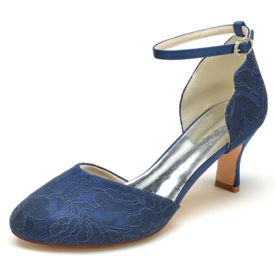 Zapatos de tacón de aguja con punta de almendra y encaje azul marino para mujer