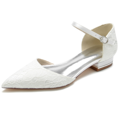Zapatos planos de boda con correa en el tobillo y puntera puntiaguda de encaje blanco para mujer