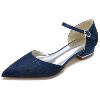 Zapatos planos de boda con correa en el tobillo y puntera en punta de encaje azul marino para mujer