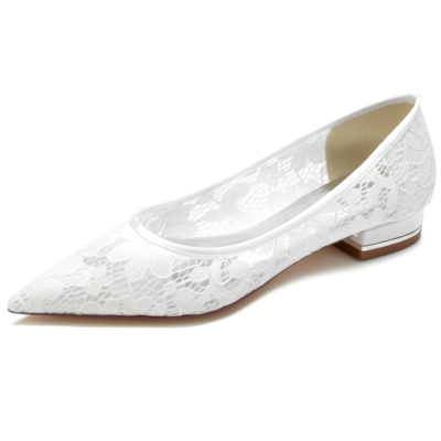 Zapatos planos de boda con puntera en punta y encaje blanco para mujer