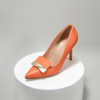 Zapatos de tacón de aguja con punta en pico y hebilla de metal naranja para mujer, tacones altos de trabajo