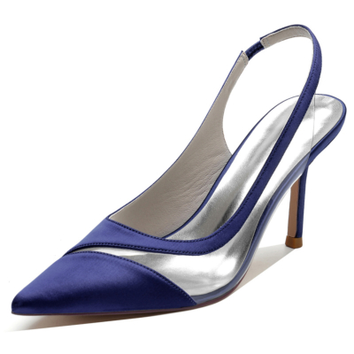 Zapatos de tacón alto de aguja con punta en pico de satén azul marino para mujer, zapatos de salón para boda