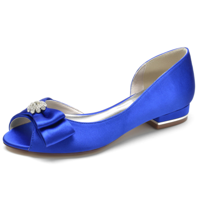 Zapatos de boda planos de novia con punta abierta y lazo de diamantes de imitación de color azul real para mujer