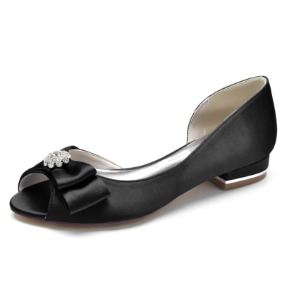 Zapatos planos negros con punta abierta y lazo de diamantes de imitación para mujer