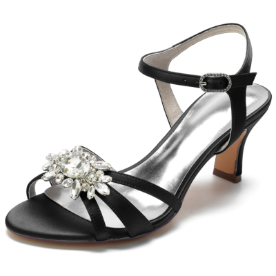Sandalias transparentes con tira trasera y diamantes de imitación de punta abierta de mujer de color negro