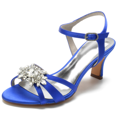 Sandalias transparentes con tira trasera de diamantes de imitación y peep toe azul real para mujer