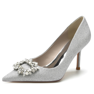 Zapatos de tacón con purpurina para fiesta de mujer con diamantes de imitación plateados