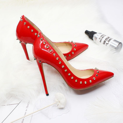 Zapatos rojos con remaches para mujer, zapatos de oficina con punta puntiaguda y tacones de aguja, 12cm