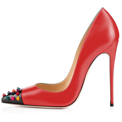 Zapatos de oficina con remaches para mujer, color rojo mate, puntiagudos, con tachuelas, 12cm