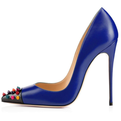 Zapatos de oficina con remaches para mujer, color azul mate, puntiagudos, con tachuelas, 12cm