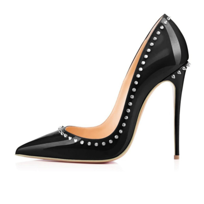 Zapatos negros con remaches para mujer, zapatos de oficina con punta puntiaguda y tacones de aguja de 12cm