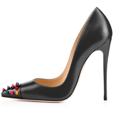 Zapatos de tacón con remaches para mujer, color negro mate, con punta puntiaguda, tacones de aguja, zapatos de oficina de 12cm